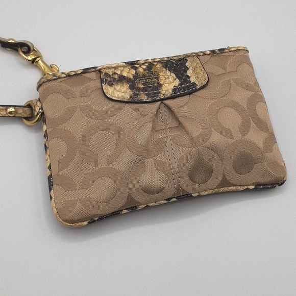SALE! Coach Tan Signature Canvas Wristlet Embossed Snakeskin - Picture 2 of 5